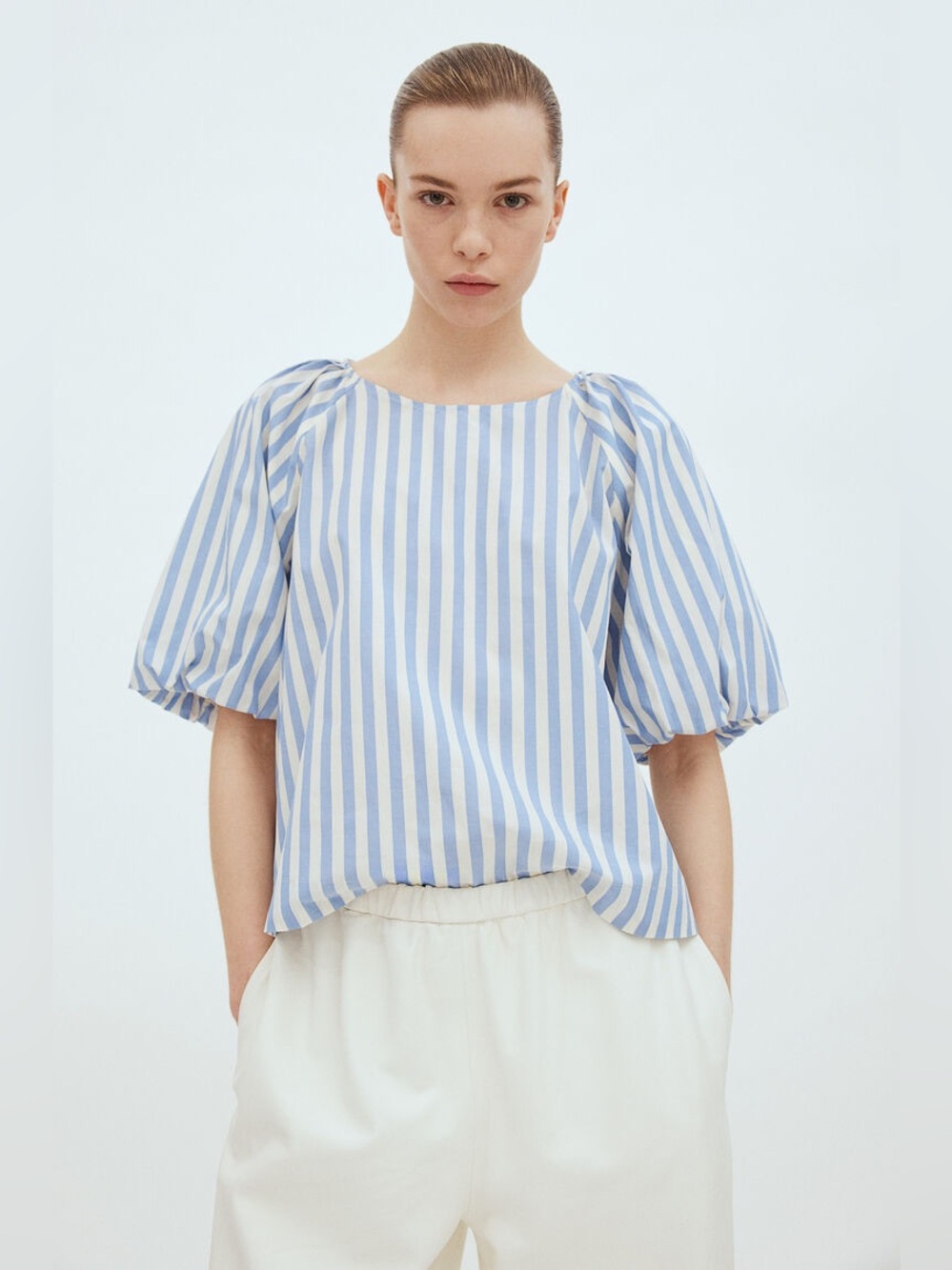 H&M Blue and White Vertical-Striped Puff Sleeve Blouse